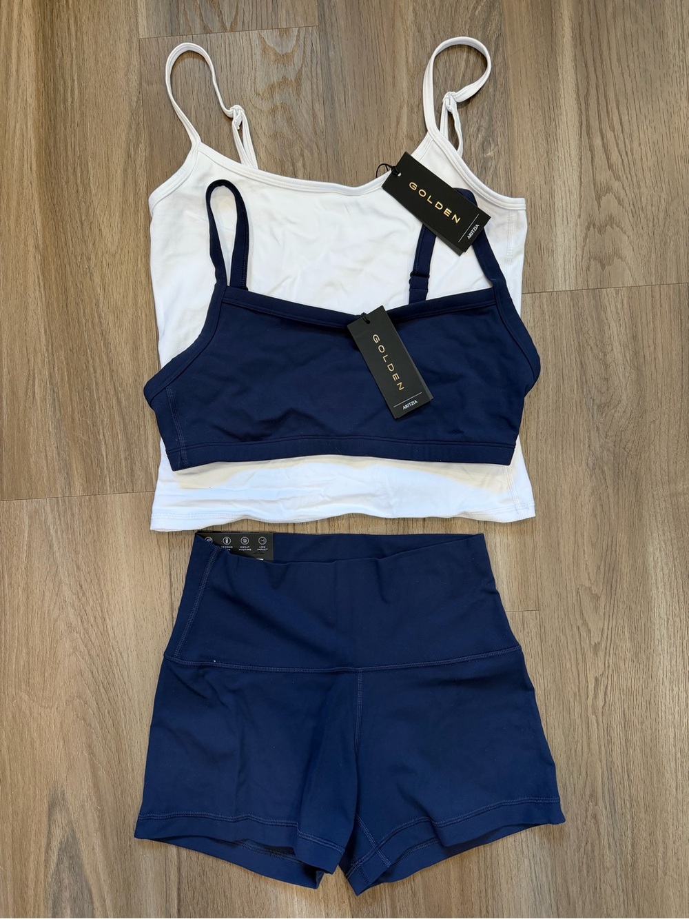 Aritzia Navy & White Camisole, Bralette & High-Waist Shorts Set